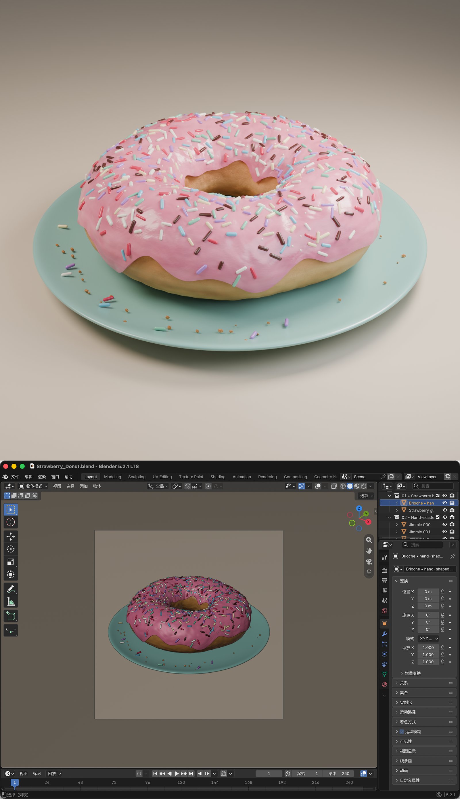 Blender 甜甜圈：从描述到可编辑模型 — 原帖图片 · 渲染结果与 Blender 界面