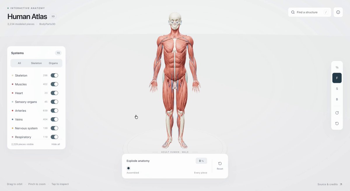 Human Atlas：可逐层拆解的 3D 人体图谱 — 原帖视频缩略图 · Human Atlas 界面
